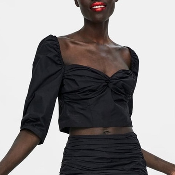 NEW Zara Draped V Neck Crop Top in Black - Picture 2 of 5